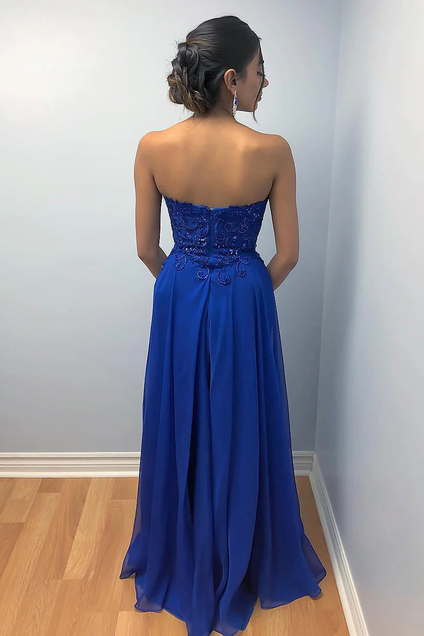 Vestidos formales/Vestido de fiesta largo azul marino con escote en forma de corazón y cuentas